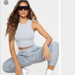 Grey rib racer neck top